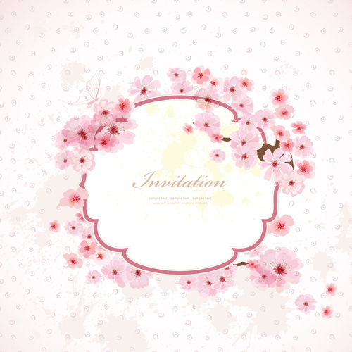 Pink flower frame wedding invitation cards vector 01  