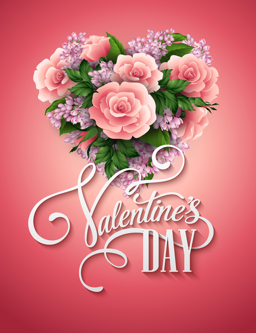 Pink flower with heart shape Valentine day cards vector 01  