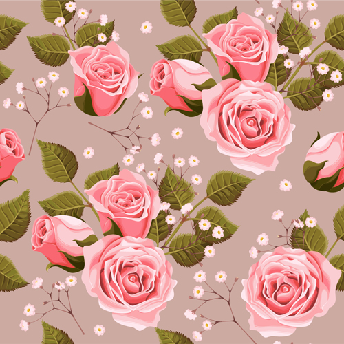 Pink rose with green leaves pattern seamless vector  