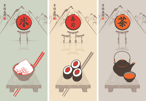 Rice with sushi and tea vector backgrounds  