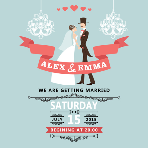 Romantic wedding cards retro style vector 02  