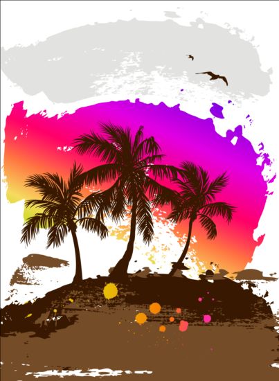 Tropische Sommerpalme mit Grunge-Hintergrundvektor 03  