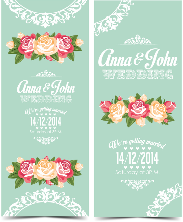 Wedding invitation vertical card with flower vector 01  