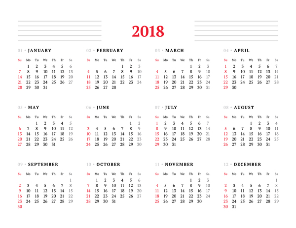 Weißer Kalenderschablonenvektor des Kalenders 2018  