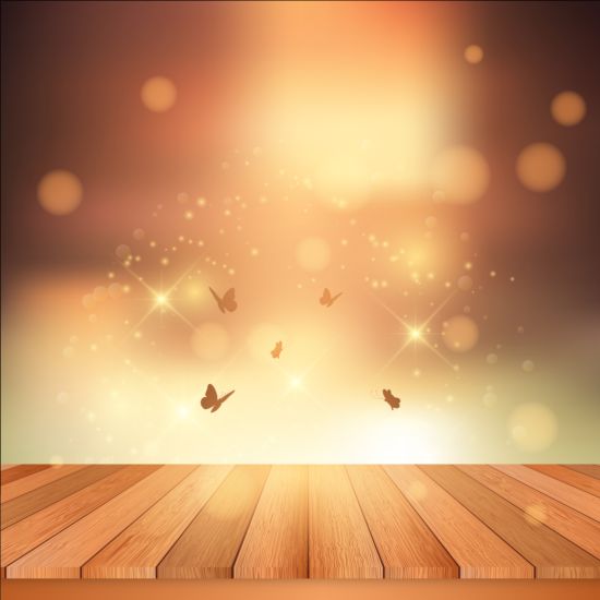 Wooden deck and sunset with butterflies vector background  