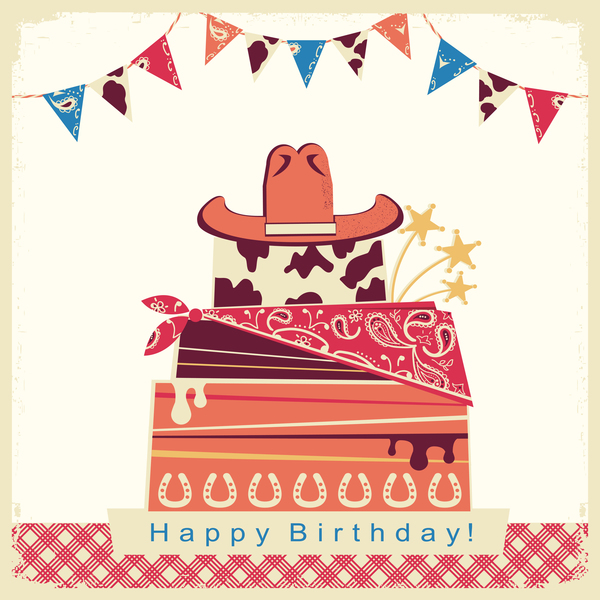Cowboy-Geburtstagskarte mit Kuchen und Hut Vektor  