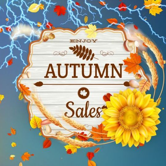 Herfst verkoop achtergrond met bliksem en zonnebloem vector 02  