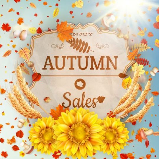 Осенняя распродажа этикеток с подсолнечным и листьями фонового вектора 11  