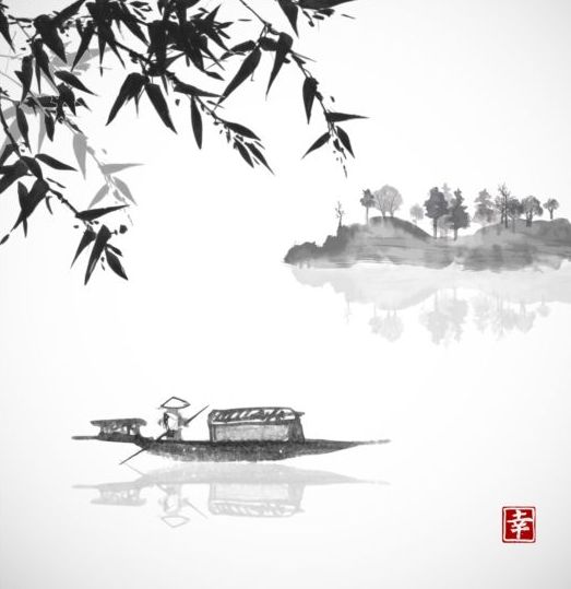 Bambù con il vettore di pittura di paesaggio 01  