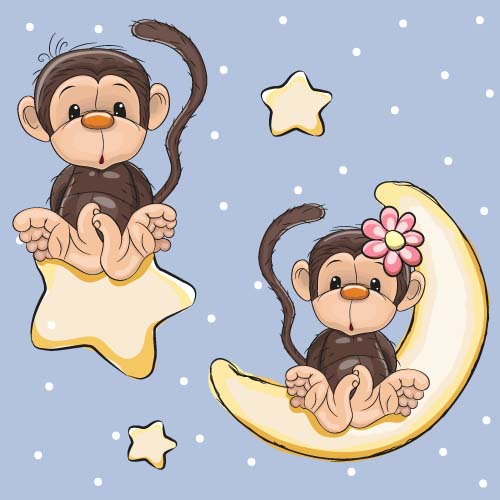 Cute monkey with stars and moon card vector  