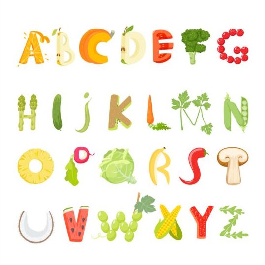 Fruits with vegetable alphabet vector  