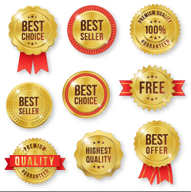 Golden premium quality labels with red ribbon vector 02  