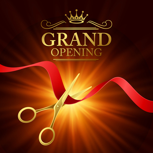 Grand opening with golden scissors background vector 06  