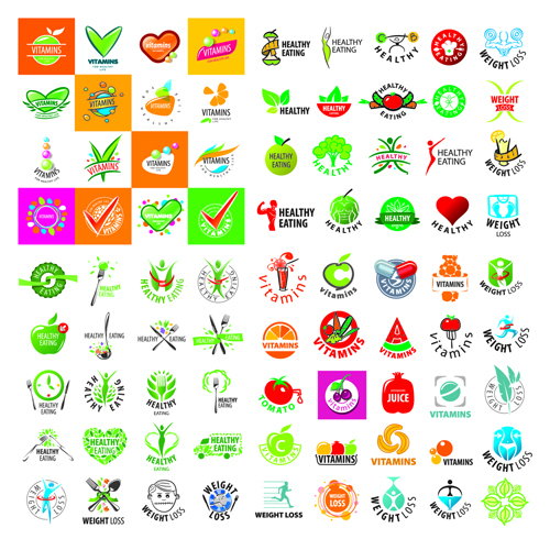 Green styles healthy logos vectors set  