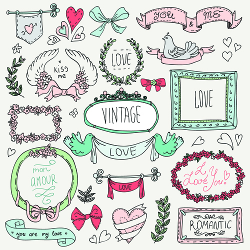 Hand drawn romantic frame with ornaments elements vector 03  