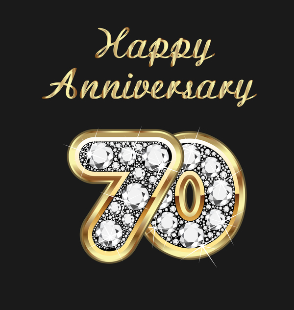 Happy 70 anniversario oro con diamanti sfondo vettoriale  