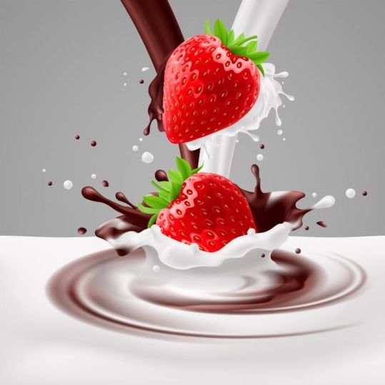 Milk Choco Splash med jordgubbar vektor bakgrund 01  