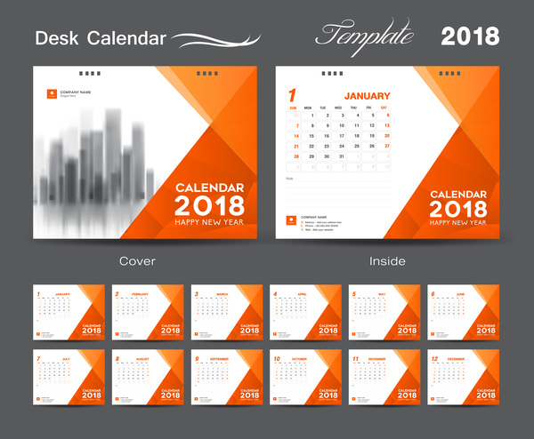 2018年のベクトルテンプレート03のためのオレンジカバーデスクカレンダー  