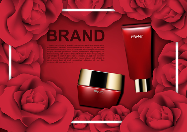 Red cosmetic set with red roses ads template vector 03  