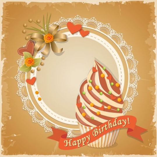Retro birthday card with cake vector 04  