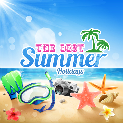 Shell with flower summer beach background vector 06  