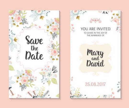 Hochzeits-Einladungskartenvorlage mit floralen Vektoren 01  