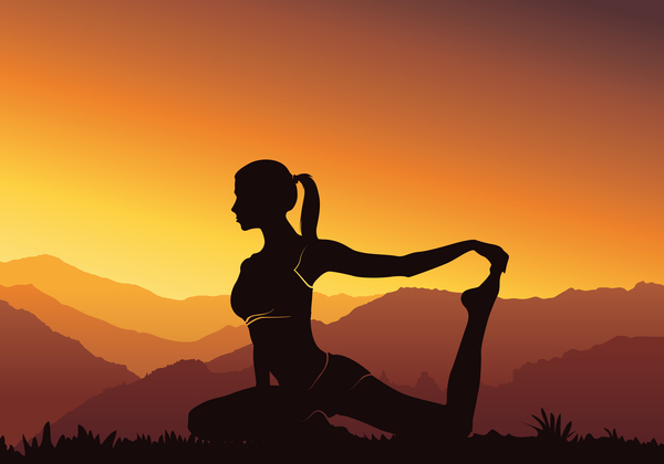 Silhouette de yoga avec le vecteur de fond coucher de soleil 08  