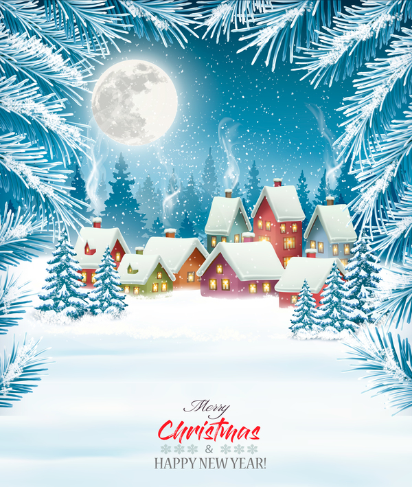 Hintergrund der frohen Weihnachten mit Winterdorfvektor  