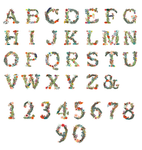 Alphabet with number and flower vector  
