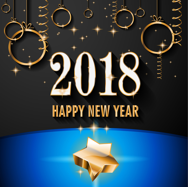 Schwarzes mit Hintergrund des blauen Hintergrundes 2018 des neuen Jahres und goldenen des goldenen Dekorvektors des Weihnachten  