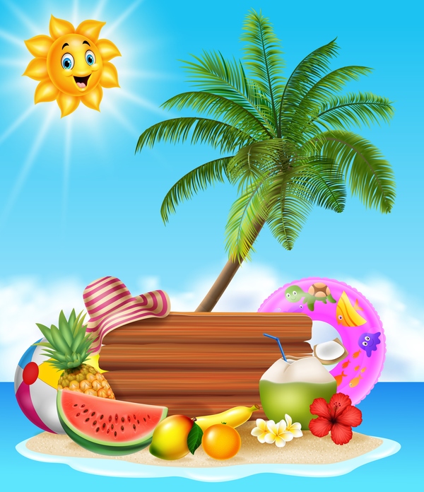 Cartoon summer holiday background with wooden plaque vector 08  