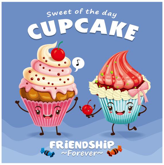 Cute cupcake character cartoon poster vecotr 05  