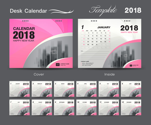 デスクカレンダー2018テンプレートデザイン、ピンクカバーベクター01  