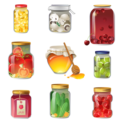 Canned fruits and vegetables vector icons  