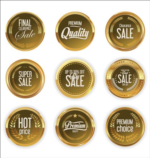 Golden badges and labels with laurel wreath vector  