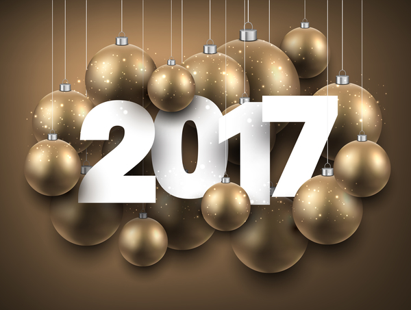Fond de nouvel an d’or avec le vecteur de boules de Noël 2017  