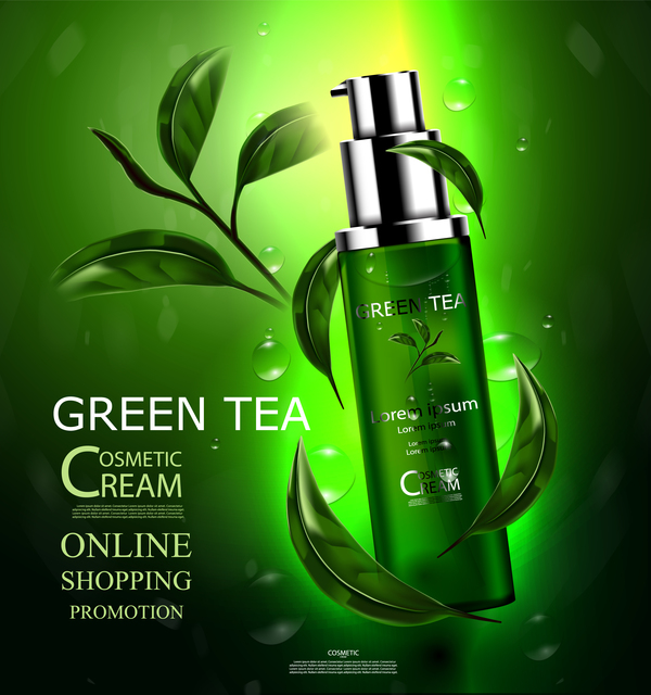 Kosmetischer Cremewerbungsplakatschablonenvektor 09 des grünen Tees  