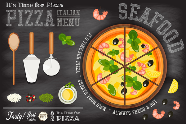 黒板とイタリアのピザのメニュー テンプレート ベクトル 06  