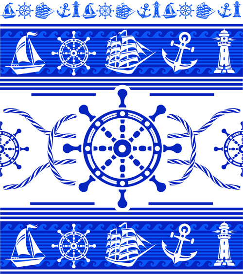 Nautical elements blue seamless pattern vector 02  