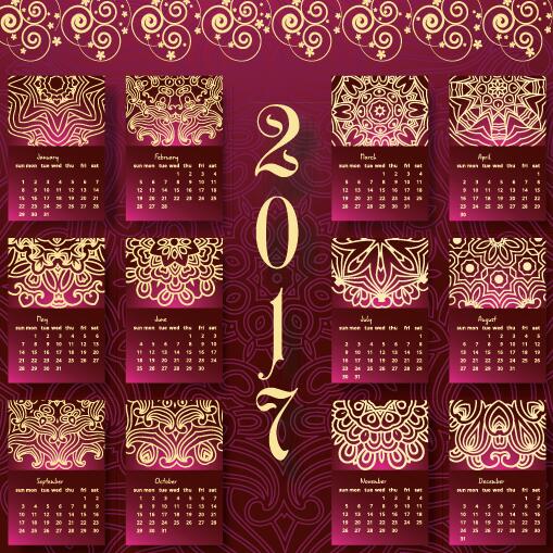 Ornate pattern with 2017 calendar template vector  