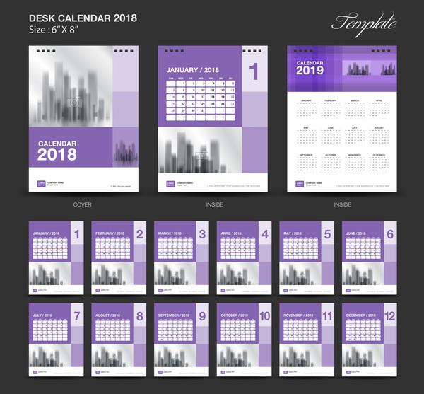 Purple Desk Calendar 2018 vector template  