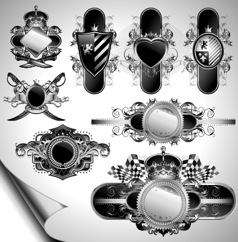 Vintage black and white badge with heraldry vector set 01  