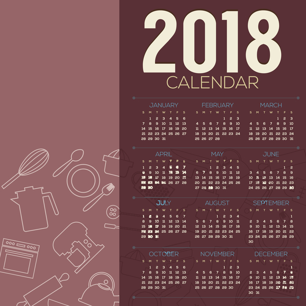 Kalenderschablone 2018 mit Küchengeschirrhintergrundvektor 02  