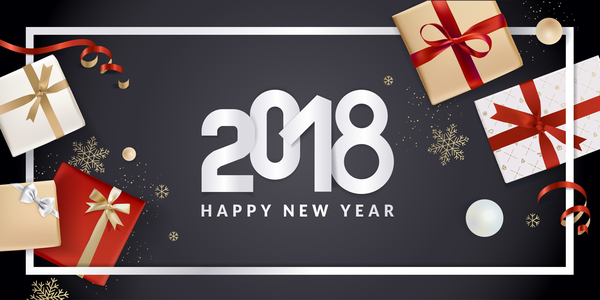 Schwarzer Hintergrund des neuen Jahres 2018 mit Geschenkboxen vector 05  