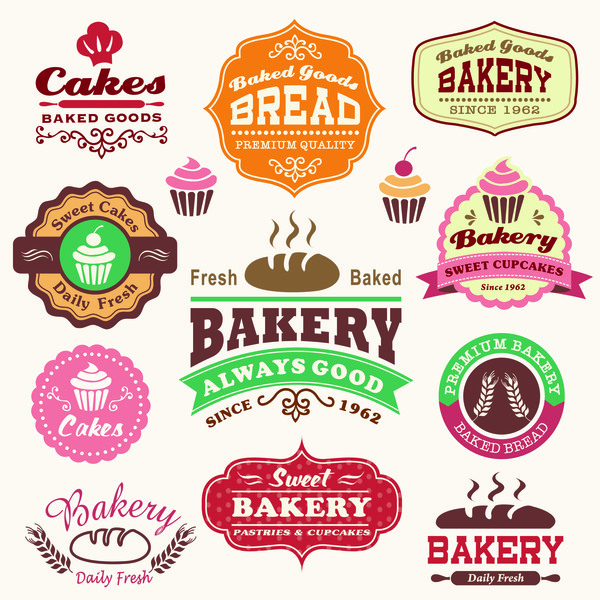 Gâteaux avec des étiquettes de boulangerie design vector set  
