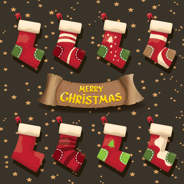 Cartoon christmas socks with retro xmas banner vector 11  