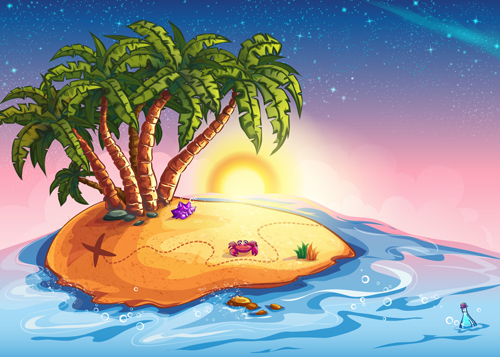 Cartoon island with palm tree vector material  