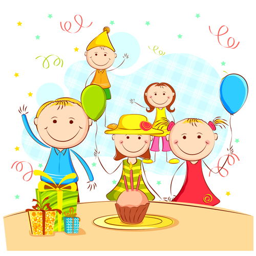 Cheerful childres with birthday cards vector material 02  