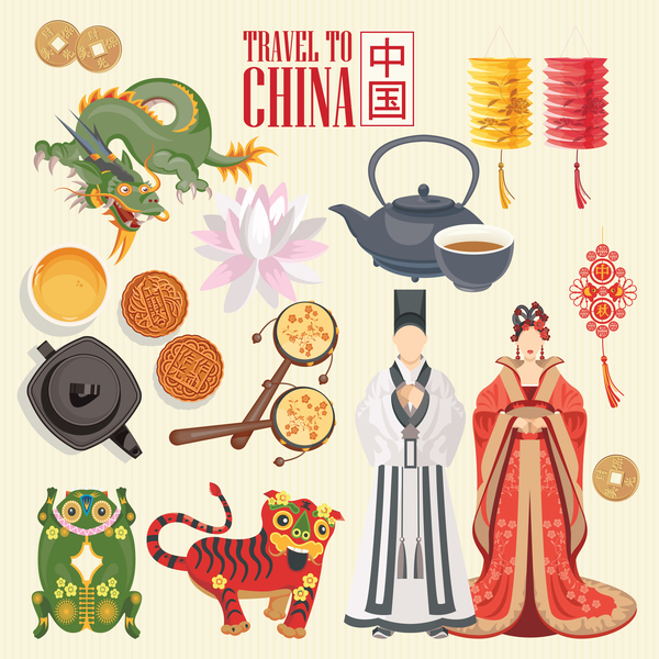 Chine voyage sites avec des traditions culturelles vecteur 02  