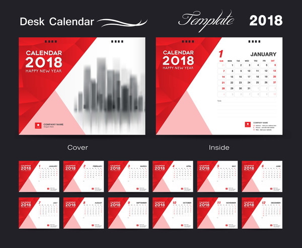 デスクカレンダー2018テンプレートレッドカバーデザインのベクトル02  